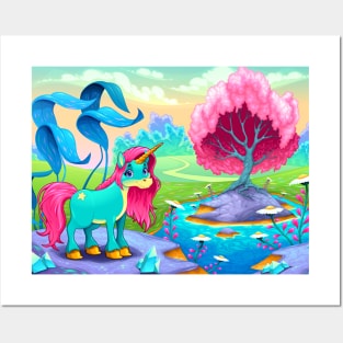 Happy unicorn in a landscape of dreams Posters and Art